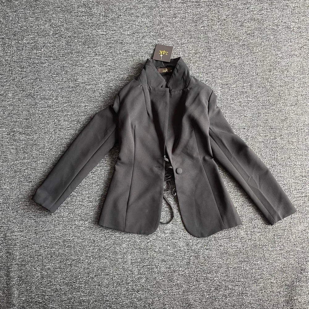 Black Chic Elegant Blazer with Laced Up Open Back, Either Formal or Casual